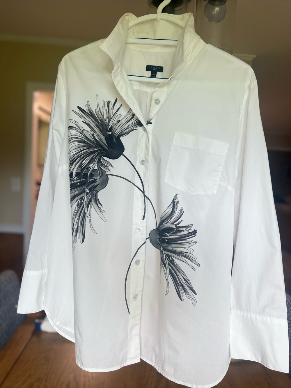 Talbots Petite XL White Cotton Button-Up Shirt with Black Floral Illustration